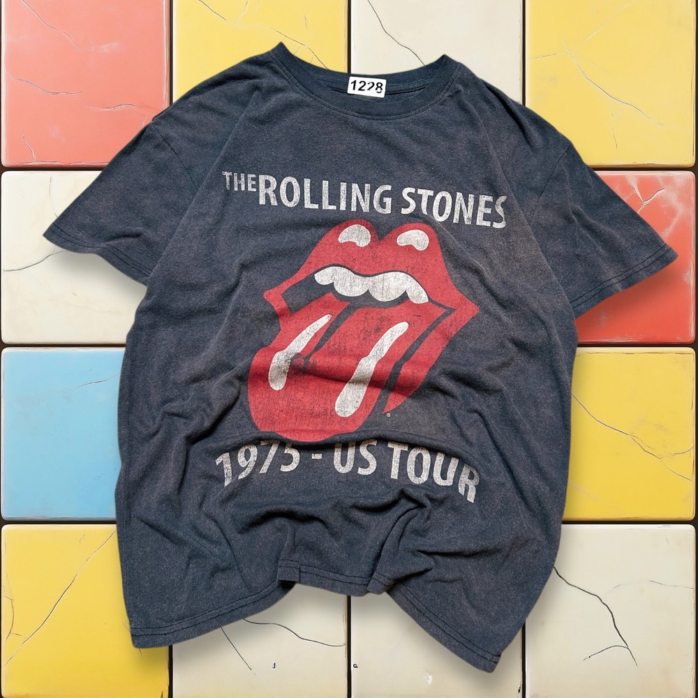 Rolling Stones 1975 US Tour Tee Y2K Black S Sun Faded Band Rock Music Lips Shirt
